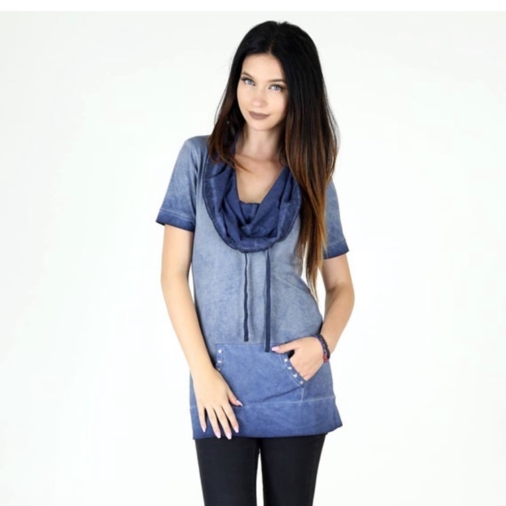ACID Wash Cowl Neck Tunic Top - Picture 2 of 4